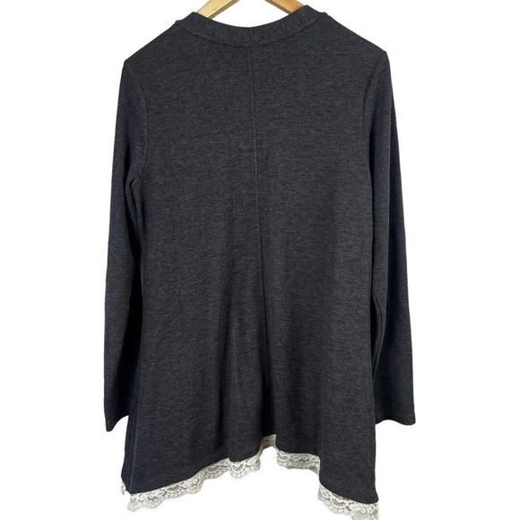 LOGO Lori Goldstein Gray Waffle Knit Tunic Top Size M Lace Trim A-Line - Picture 7 of 9